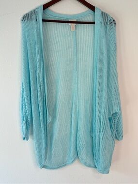 Chico's Linen Blend Open Knit Cardigan Womens Boho Cottage Coastal Sky Blue